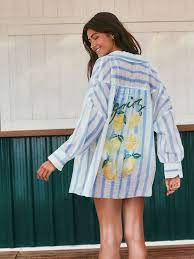 Blue/White/Lemon Print Beach Shirt Cover-Up