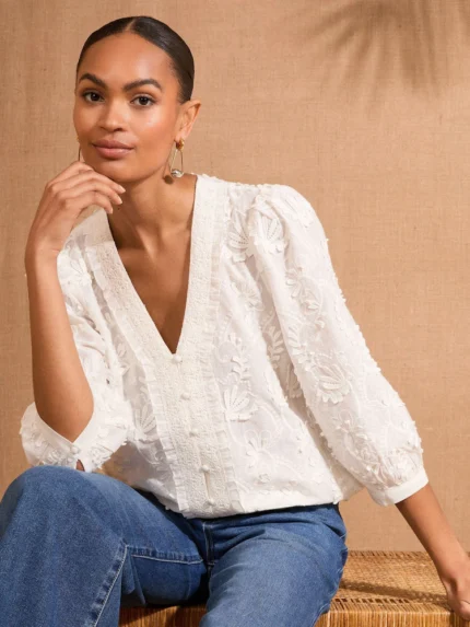 Love & Roses Ivory 3D Floral 3/4 Sleeve V-Neckline Blouse