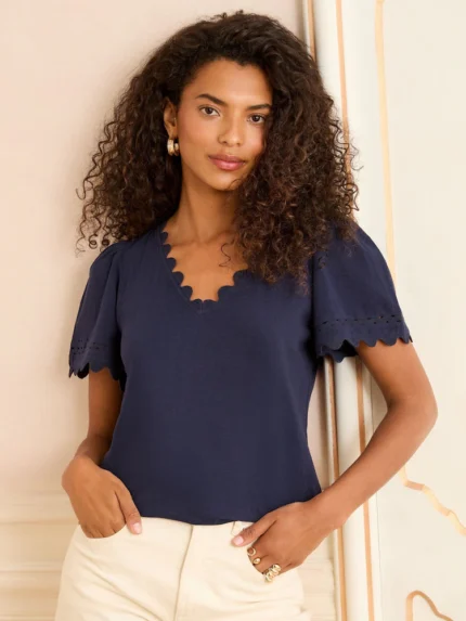 Love & Roses Navy Scallop V-Neck T-Shirt