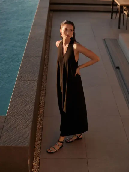 Black Halterneck Maxi Dress With Linen