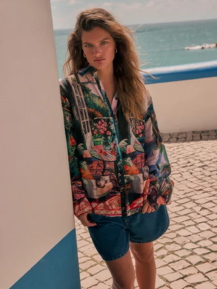 Black Painterly Scenic Print Relaxed Long Sleeve Cotton Lightweight Shirt