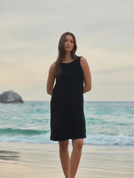 Black Scoop Back Mini Shift Dress With Linen