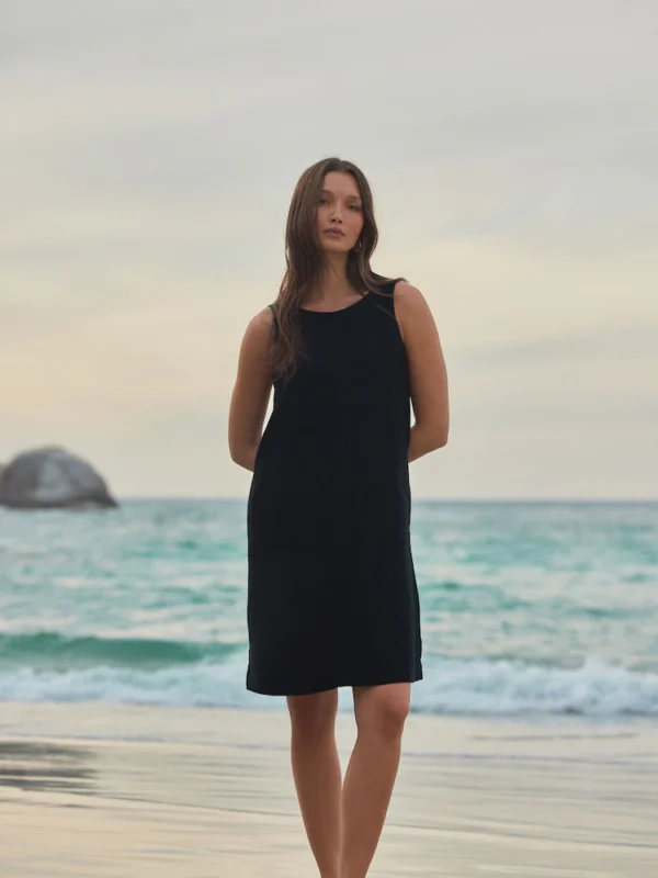 Black Scoop Back Mini Shift Dress With Linen