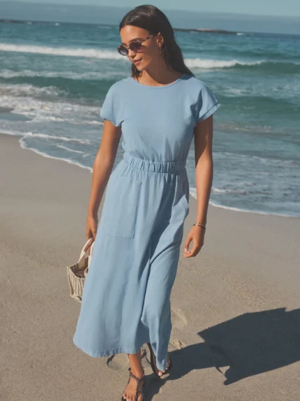 Blue 100% Cotton Summer Midi T-Shirt Dress