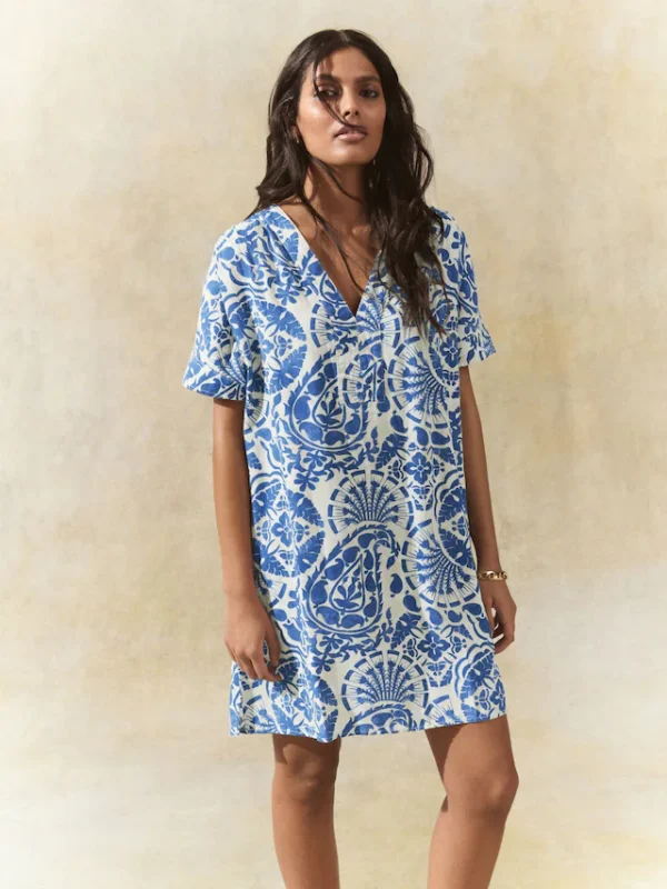 Blue Paisley Print Kaftan Mini Dress with Linen