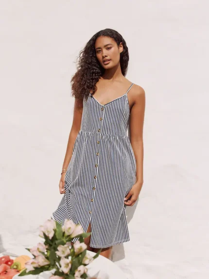 Blue Stripe Jersey Button Down Midi Dress