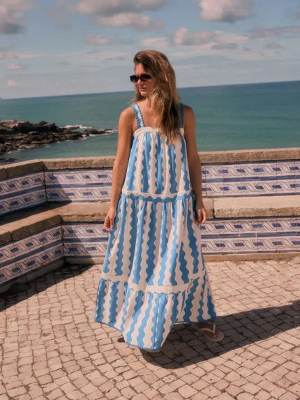 Blue/White Stripes Square Neck Maxi Summer Dress