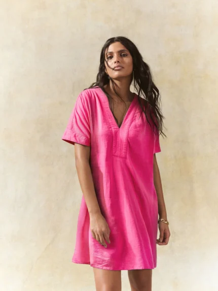 Bright Pink Kaftan Mini Dress with Linen