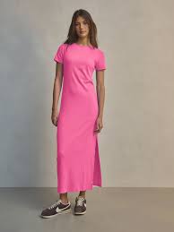 Bright Pink Ribbed T-Shirt Style Column Maxi Dress With Slit Detail