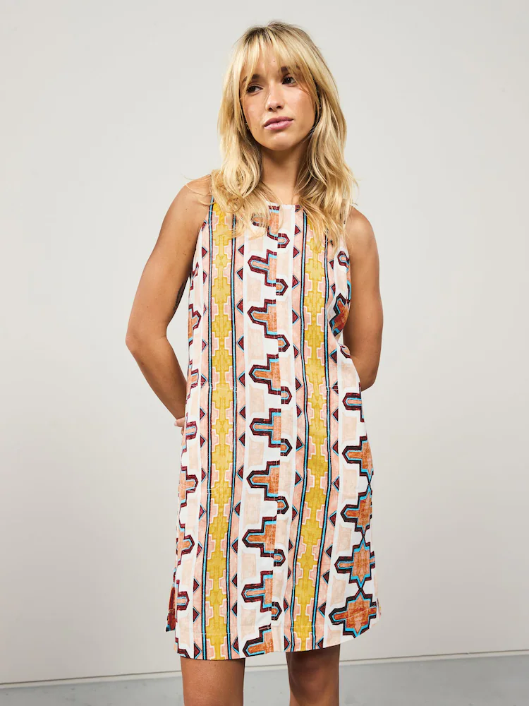 Cream Geometric Print Scoop Back Mini Shift Dress With Linen Cream Geometric Print Scoop Back Mini Shift Dress With Linen