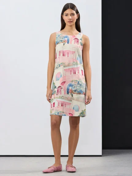 Cream Pink and Blue House Print Scoop Back Mini Shift Dress With Linen