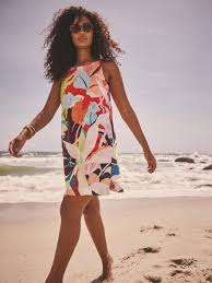 Cream and Bright Abstract Floral Scoop Back Mini Shift Dress With Linen