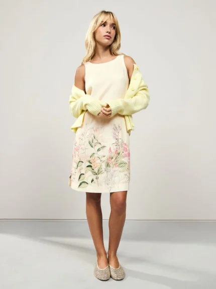 Ecru White Placement Floral Scoop Back Mini Shift Dress With Linen