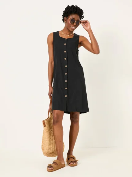 FatFace Binny Black Button Linen Dress