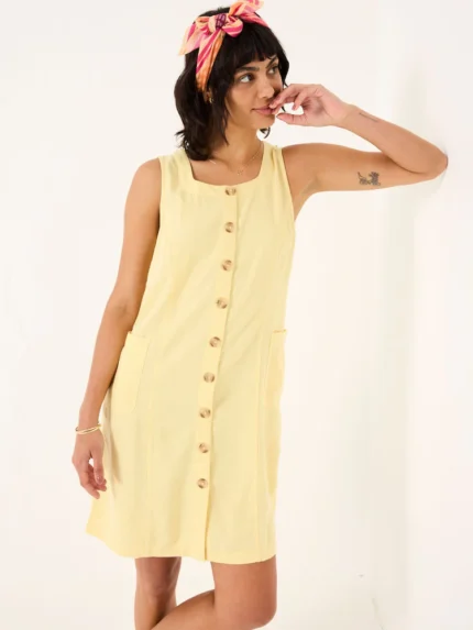 FatFace Binny Light Yellow Button Linen Dress