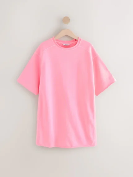 Fluro Pink Raw Hem Detail Washed 100% Cotton Crew Neck Dress