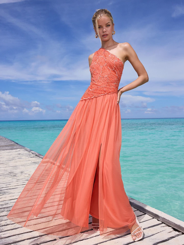 Lipsy Coral Pink Petite Premium Embellished Textured One Shoulder Chiffon Maxi Dress Lipsy Coral Pink Petite Premium Embellished Textured One Shoulder Chiffon Maxi Dress