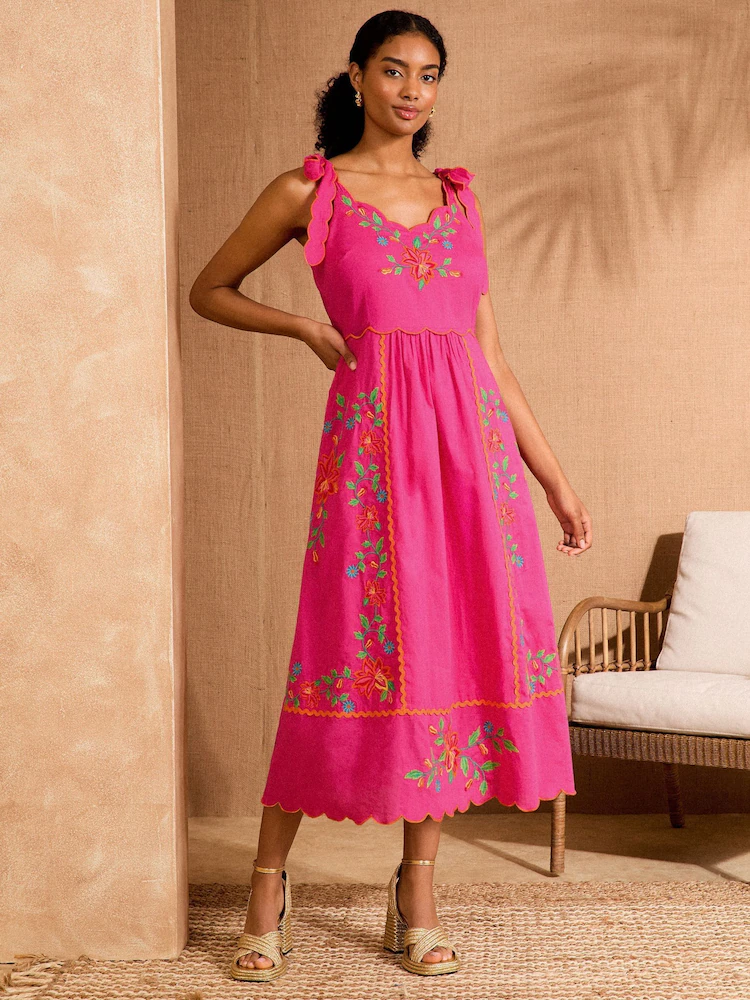 Love & Roses Coral Pink Embroidered Scallop Detail Midi Sun Dress Love & Roses Coral Pink Embroidered Scallop Detail Midi Sun Dress