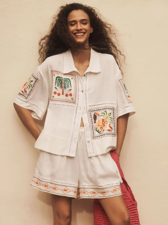Multi Embroidered Beach Shirt With Linen