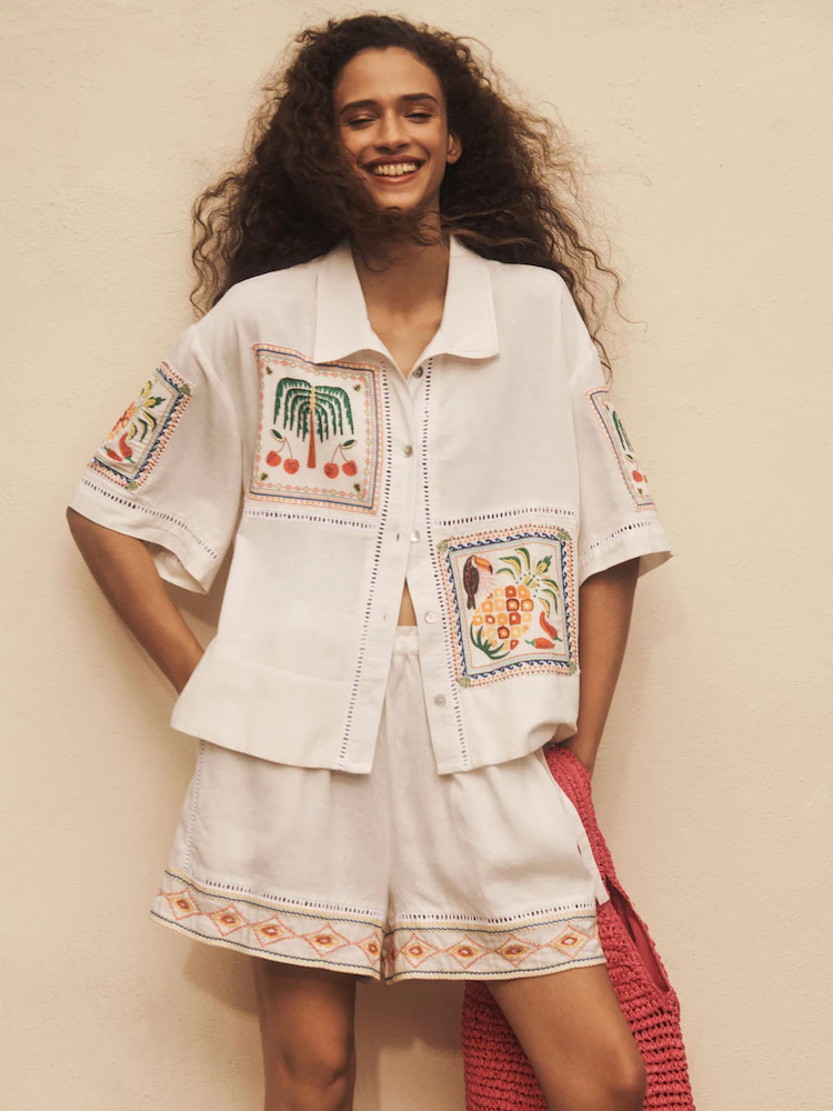 Multi Embroidered Beach Shirt With Linen Multi Embroidered Beach Shirt With Linen