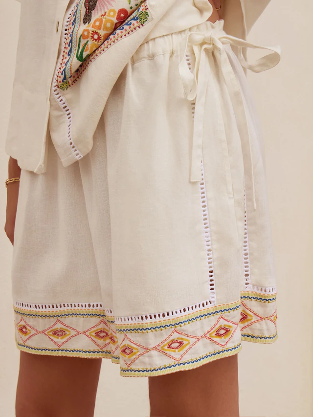 Multi Embroidered Beach Shorts With Linen Multi Embroidered Beach Shorts With Linen