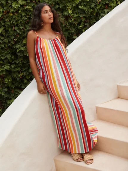 Multi Stripe Textured Beaded Summer Maxi Dress