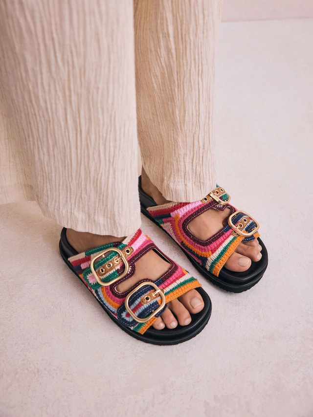 Multicolour Woven Double Buckled Footbed Sandals Multicolour Woven Double Buckled Footbed Sandals