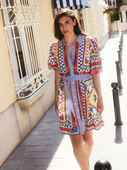 Multicoloured Tile Print Mini Puff Sleeve Tie Waist Shirt Dress
