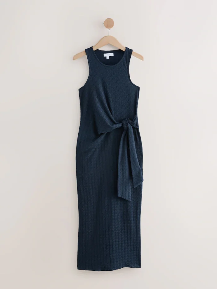 Navy Textured Jersey Tie Waist Maxi Dress