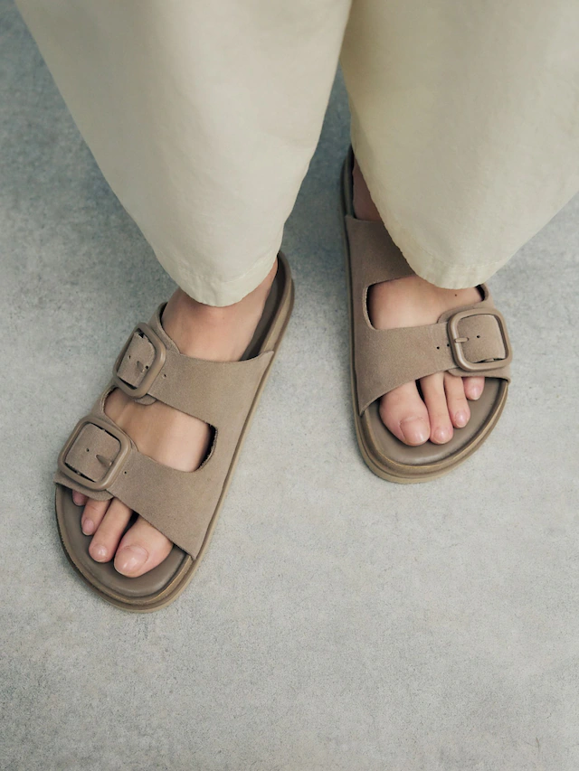 Neutral Suede Forever Comfort® Premium Double Strap Footbed Sandals Neutral Suede Forever Comfort® Premium Double Strap Footbed Sandals