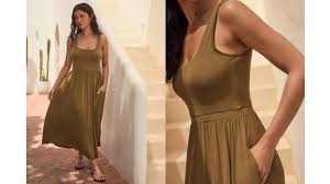 Olive Green Jersey Waisted Summer Dress