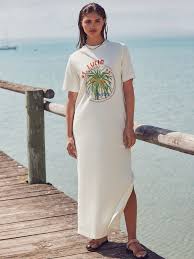 Palm Graphic Ecru White Heavyweight Short Sleeve Crew Neck Maxi T-Shirt Dress