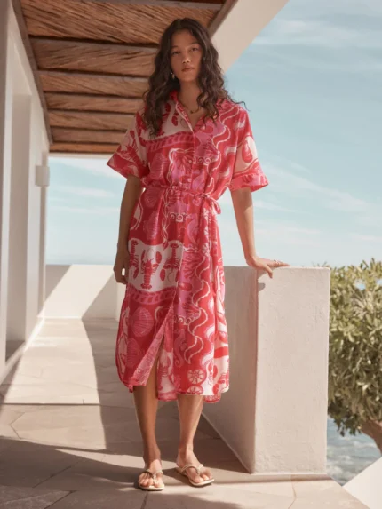 Pink Shell Print Short Sleeve Tie Waist Midi Dress with Linen