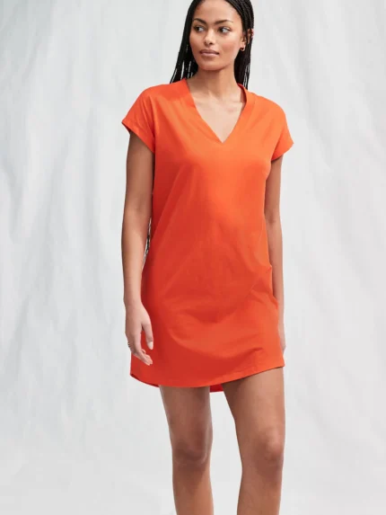 Red 100% Cotton Cap Sleeve V-Neck Mini Dress