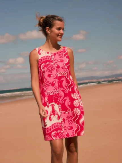Red Shell Print Scoop Back Mini Shift Dress With Linen