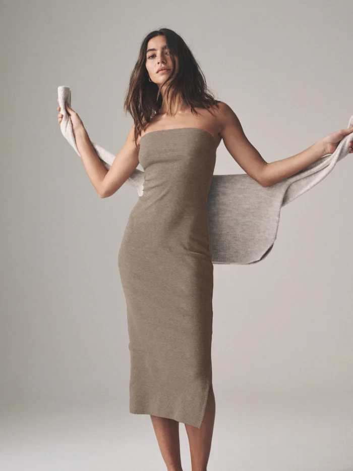 The Set Black/Taupe Brown/Black & White Stripe 3 Pack Ribbed Bandeau Dresses