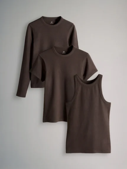 The Set Chocolate Brown 3 Pack Ultimate Ribbed Vest Short Sleeve Long Sleeve T-Shirts