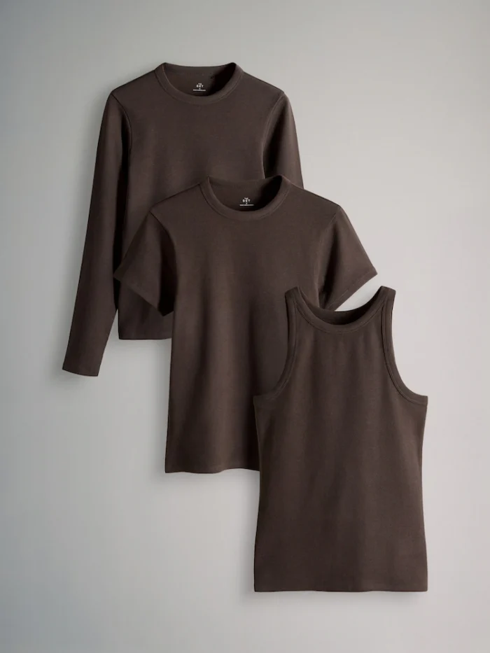 The Set Chocolate Brown 3 Pack Ultimate Ribbed Vest Short Sleeve Long Sleeve T-Shirts