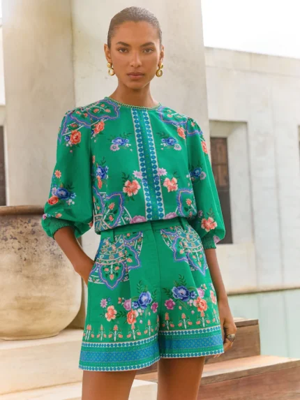 V&A I Love & Roses Green Floral 100% Cotton VA 3/4 Sleeve Crew Neck Floral Printed Blouse