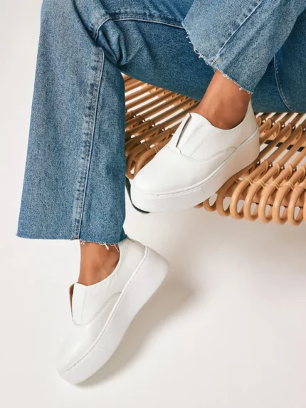 White Slip On Signature Forever Comfort® Leather Chunky Wedge Platform Trainers