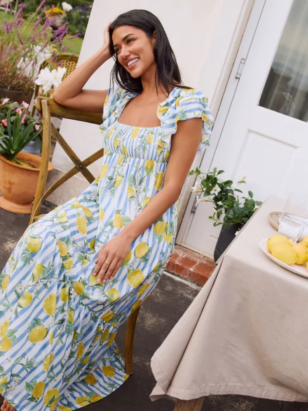 Yellow/Blue Ruffle Sleeve Midi Dress