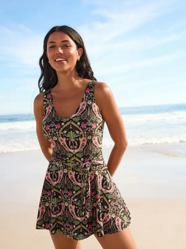 Black/Pink Paisley Shaping Tummy Control Skirted Swim Dress