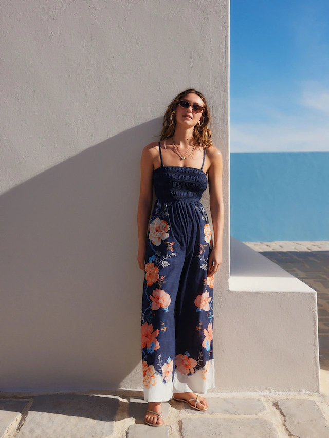 CoralBlue Shirred Bandeau Jumpsuit Coral/Blue Shirred Bandeau Jumpsuit