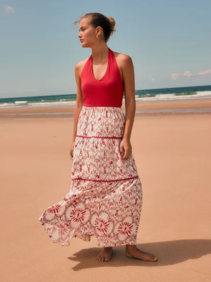 Ecru/Red Lobster Print 100% Cotton Tiered Maxi Skirt