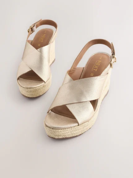Gold Standard/Wide Fit Leather Round Toe Cross-Over Slingback Platform Wedges