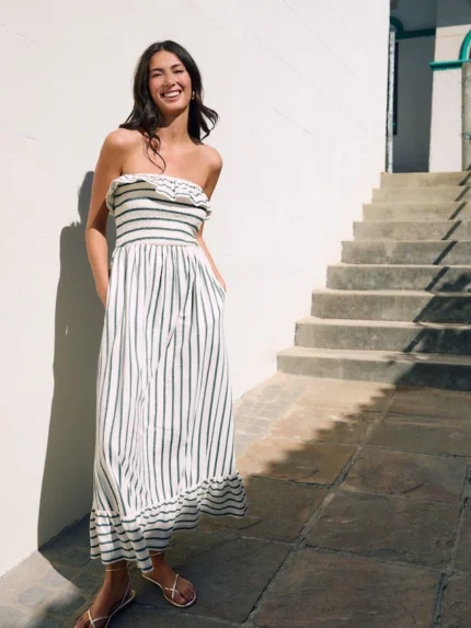 Green/Ecru Print Bandeau Frill Summer Midi Dress