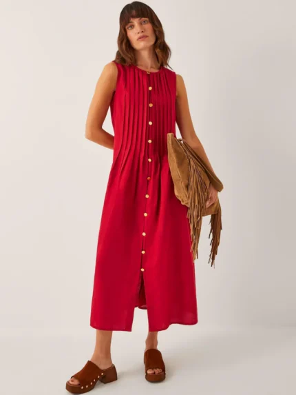 Monsoon Red Monica Sleeveless Pleated Midi Dress