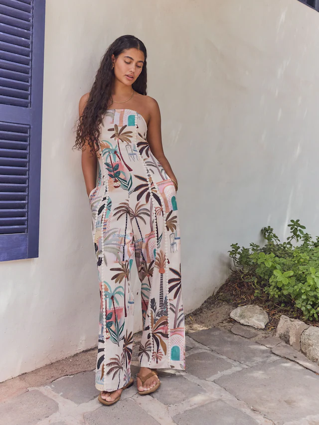 Multi Bandeau Wide Leg Jumpsuit With Linen Multi Bandeau Wide Leg Jumpsuit With Linen