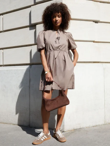 Threadbare Brown Puff Sleeve Tie Front Smock Mini Dress