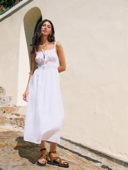 White 100% Linen Midi Dress